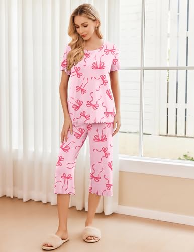 Image of Ekouaer 2 Pack: Women's Pajamas Set Short Sleeve Sleepwear Capri Pants Pjs Soft Loungewear with Pockets