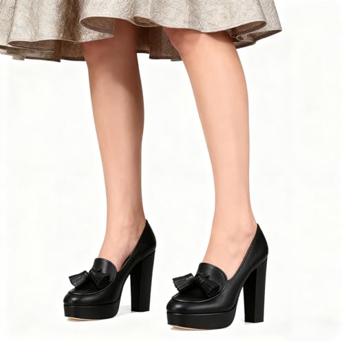 Image of SHODENSE Women Vintage Chunky Platform Loafers Pumps Tassel Round Closed Toe Slip On Suede Block High Heel Dress Loafer Shoes Buckle Strap Oxford Loafers Fringe Pump Dressy Chic Sexy Y2k 4-11 M US