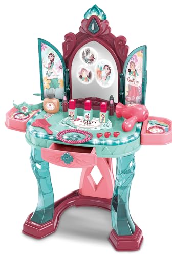 OLEOCA Kids Vanity Dressing Table and Chair Beauty Set - Infrared Sensor Open Door, with Makeup Accessories, Light and Sound, for Girls