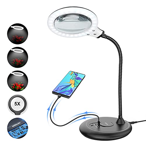 Lampe loupe Rechargeable 5X avec Port de Chargement USB, Grande loupe Mains Libres avec lumière et Support pour Personnes âgées, malvoyantes, Loisirs, Artisanat