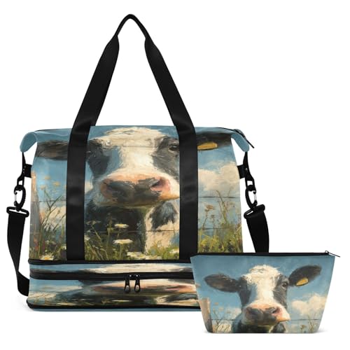 Cow Black White Travel Duffel Bag for Women Men Gym Bag with Shoe Compartment Wet Pocket Carry On Weekender Overnight Bags for Travel Weekend Getaway