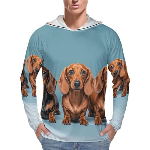 Mens UPF 50+ Sun Protection Hoodie Rash Guard Long Sleeve Sun Shirt Hiking Three Dachshunds Fishing Hoodie-