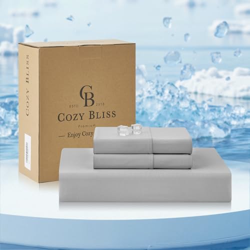 Cozy Bliss Premium Cooling Sheet Set King Size, Q-Max>0.4, 3PCS No Flat Sheet with 2 Pillowcases, Breathable Fitted Sheet for Hot Sleepers & Night Sweats, Deep Pocket Up to 18 Inches, Light Grey