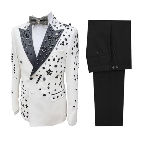 Men's 2 Piece Shiny Suits Crystal Embellished Rhinestones Tuxedo Slim Fit Outfits with Jacket Pants