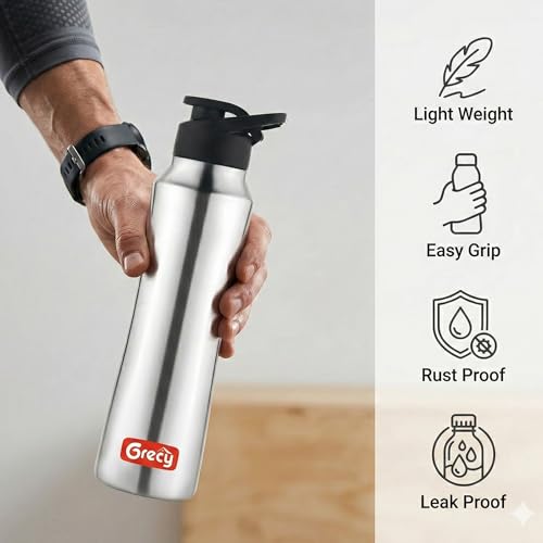 Image of GRECY Tic Toc 800ml Stainless Steel Water Bottle Silver | Single Wall Fridge Bottle | Flip Cap Easy Grip | BPA Free Steel | Leak Resistant Lightweight | School, Office, Gym, Travel Made in India