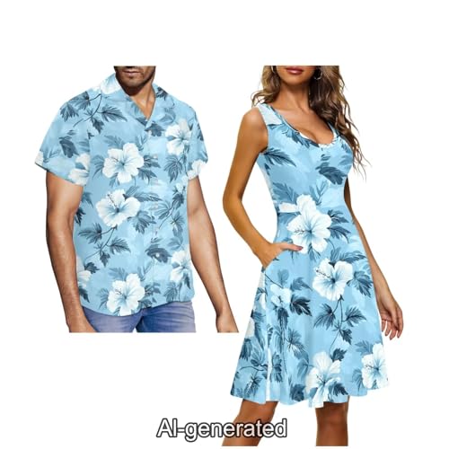 Image of Dreaweet Summer Dresses for Women A-Line Sleeveless Flowy Sun Dresses,Men's Casual Button-Down Shirts,Couple Matching Outfits