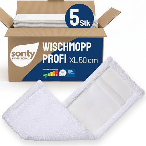 SONTY Profi Wischmopp Bezug 50 cm Mikrofaser – 5 Stück Wischbezug für Klapphalter | Wischmop für alle Bodenarten in Haushalt, Gastro & Gewerbe | Waschbar 60–95°C