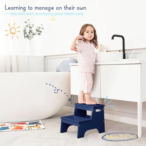 image for Forbena Navy Blue 2 Step Stool for Kids Bathroom Sink, Boys Toddler St