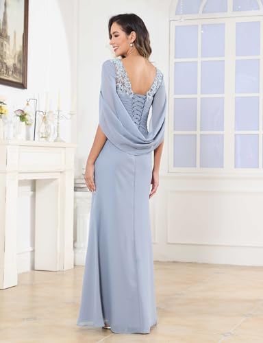 Lace Mother of The Bride Dresses with Cape Sleeves Chiffon Pleated Long Formal Evening Gown3