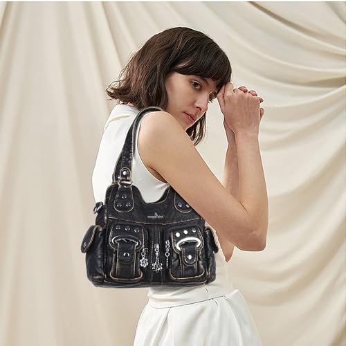 Image of Angel Kiss Small Hobo Purses for Women, Washed Vegan Leather Multi-Pocket Purse, Shoulder Handbag with Adjustable Strap