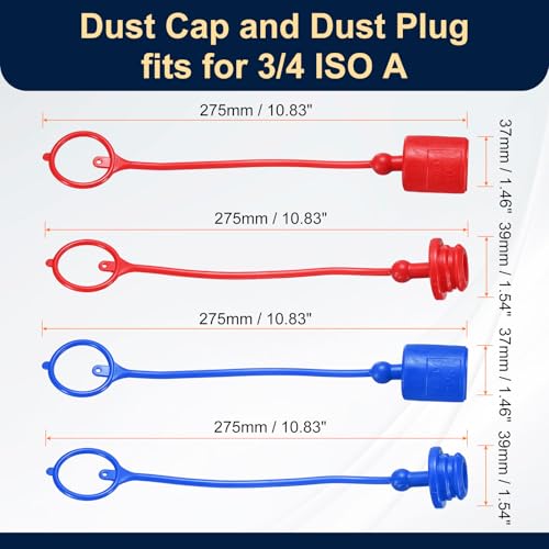 Image of HARFINGTON 2Sets 3 /4 Hydraulic Hose Dust Cap and Plug Kit, ISO-A Male Dust Cap & Female Plug Cover Quick Disconnects Air Coupler Cover Port Plug Fittings with Retention Ring, Red /Blue