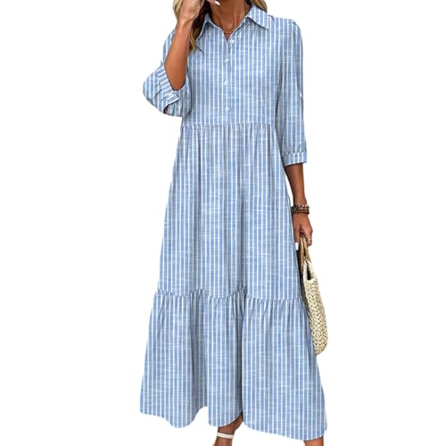 XNC Women's Blue and White Striped Shirt Maxi Dress 2025 Summer Fashion Collared Breezy Print 3/4 Sleeve Long Dresses