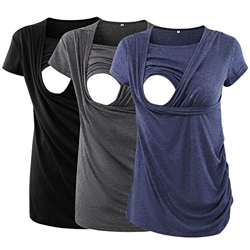 Image of Ecavus 3PCS Women's Maternity Nursing Tops for Breastfeeding Short Sleeve Side Ruched Nursing Shirts