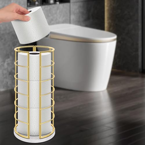 NearMoon Toilet Paper Organizer Stand, Free Standing 3 Rolls Tissue Storage, Metal Bathroom Accessory, Rustproof Toilet Roll Holder for Kitchen Countertop Inside Cabinet Shelf(Marble Base,Gold)