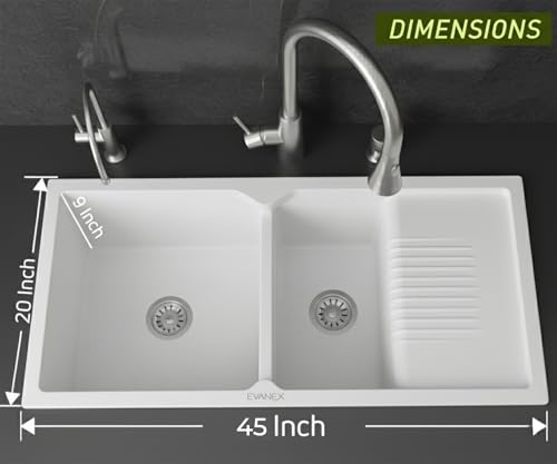 Image of EVANEX Quartz Sink for Kitchen|45x20x9 inch Double Bowl Kitchen Sink with Drain Board|Matt Finish|White Quartz Kitchen Sink with Sink Connector, Waste Pipe, Coupling and Drain Basket