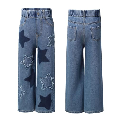 Loyan Ripped Jeans for Teen Girls Casual Loose Trousers Elastic Waist Basic Bottoms Wide Leg Denim Pants