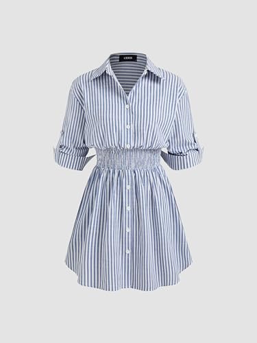 CIDER Shirt Dress for Women Casual Collar Neck Striped Button Mini Long Sleeve High Waist Cotton-Blend Dress3