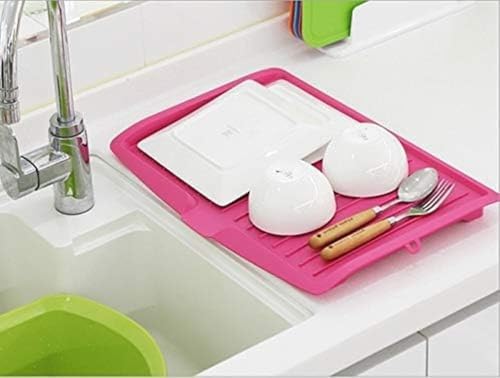 Image of Kitchen Utility Draining Board, Dish Racks, Plastic Dish Drainer Tray, Large Sink Drying Rack, Kitchen Tableware Worktop Organizer, Drain Board for Utensils, Vegetable & Fruit (Pink)