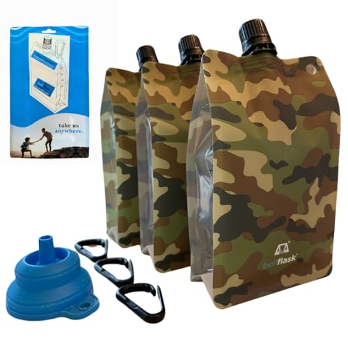 BellFlask - 15 oz. Flask, Patented, Flexible, Metal-Free, Reusuable, Plastic, BPA-Free with Carabiner Clip and Filling Funnel