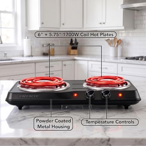 Image of OVENTE Electric Double Burner, 1700W Coil Hot Plate, Black BGC102B (Pack of 5)