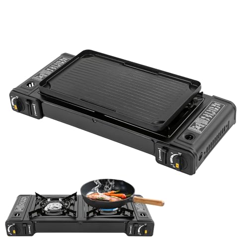 Campingkocher 2-flammig Tragbarer Camping Gaskocher, Inklusive Grillplatte,...