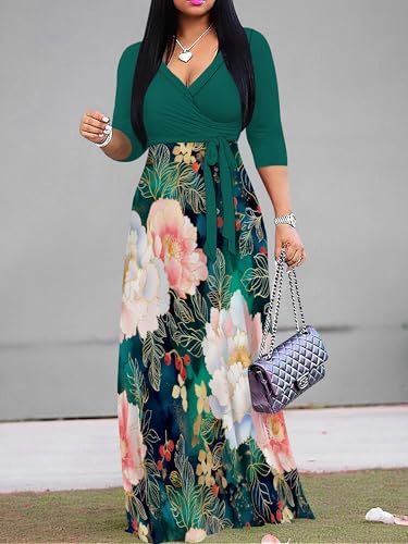 Image of SUZONANA Plus Size Dresses for Women Floral Print Maxi Dress Flowy 3 /4 Sleeve with Belt