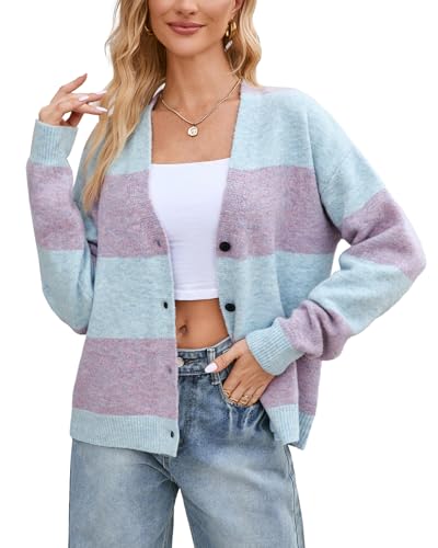 Image of YEXPINE Unisex Striped Cardigan Sweaters Open Front Long Sleeve Oversized Button V Neck Knit Outwear