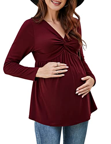 KOJOOIN Chemise de Grossesse Femme Manches 3/4 Blouse de Grossesse col V Taille Haute Nœud croisé Rouge Brique L Cover