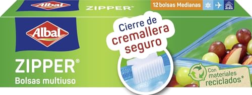 Albal Bolsas multiuso Zipper - Bolsas para comida herméticas, porta alimentos con cremallera para congelar, transportar y conservar alimentos, bolsas para líquidos del avión, 12 unidades medianas