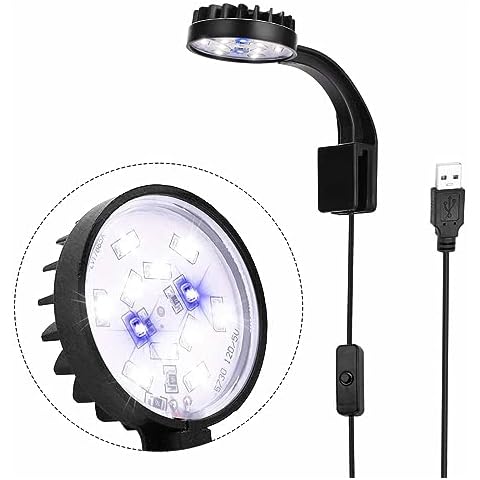 ArcoMead Small LED Aquarium Light for Fish Tank, 12 LEDs, White & Blue Clip on Fish Tank Light for Nano Tank, High Brightness Levels 5W USB Low Consumption Power Aquarium Clip Lamp with Switch Cover