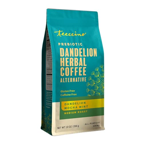 Teeccino Dandelion Mocha Mint Herbal Coffee - Caffeine-Free Coffee Alternative with Prebiotics, Gluten Free, Acid Free - Medium Roast, 10 oz