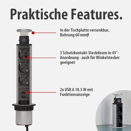 Brennenstuhl Tower Power, Tischsteckdosenleiste 3-Fach (versenkbare Steckdosenleiste, 2-Fach USB, 2m Kabel, komplett in Tischplatte versenkbar) Silber/schwarz