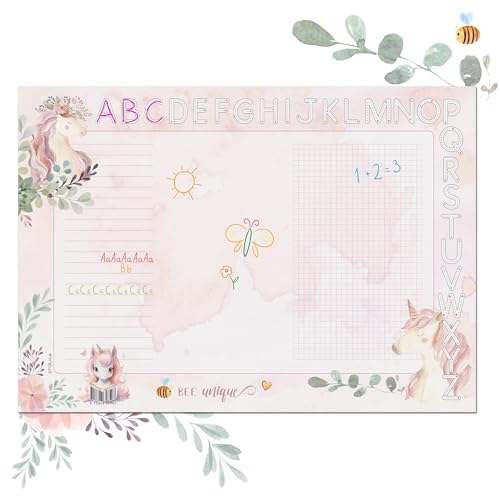 TOBJA DIN A3 Schreibtischunterlage für Mädchen (30 x 42 cm) - Süßes Einhorn Design Dickes 90g/m Papier mit ABC Leiste zum Ausmalen - Perfekt zur Einschulung | 25 Blatt