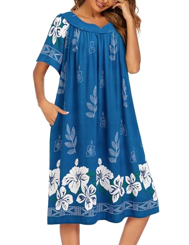 Image of Ekouaer Womens Nightgown Short Sleeve House Dress with Pockets-Floral Print Mumu Dress