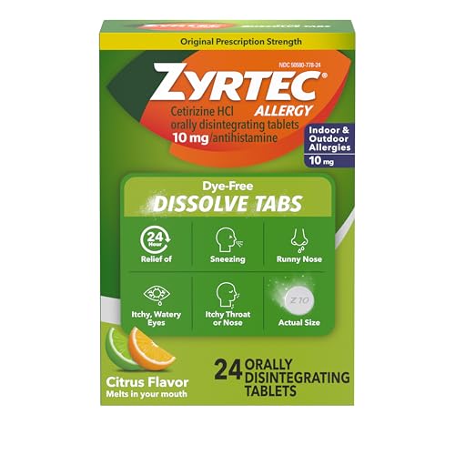 Zyrtec 24 Hour Dye-Free Allergy Relief Dissolve Tablets with 10 mg Cetirizine HCl, Citrus Flavored Antihistamine Allergy Medicine Helps Relieve Sneezing, Runny Nose, & Itchy Eyes, 24 ct