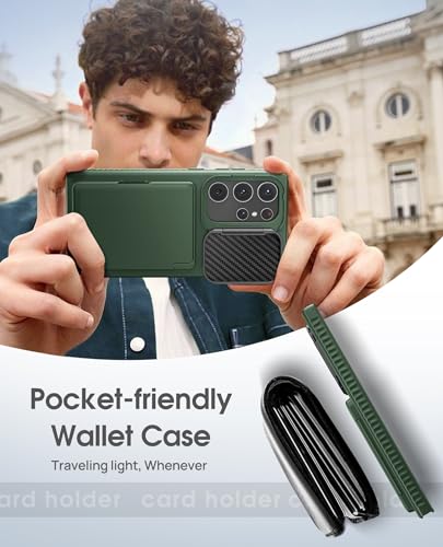 Image of Vihibii PC + Silicone For Samsung Galaxy S24 Ultra Back Cover With Card Holder(4 Cards)&Stand&Camera Lens Cover&Raised Edges Protect Screen,Rugged Shockproof Phone Case For Galaxy S24 Ultra 6.8 inch,Green