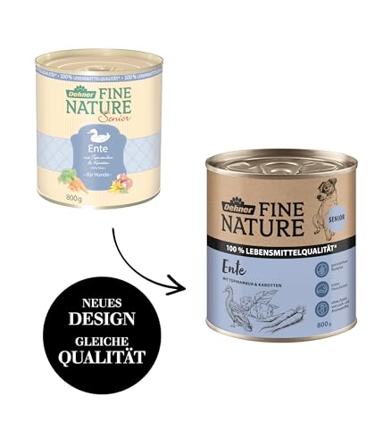 Dehner Fine Nature Hundefutter, Nassfutter in Lebensmittelqualität, für ältere Hunde, Ente, 6 x 800 g Dose (4.8 kg)