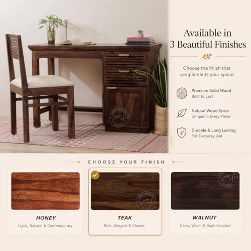 Image of NSH Solid Sheesham Wood Study Table with Chair | Wooden Writing Desk with Drawer & Door Storage | Pre-Assembled Computer Desk Workstation for Home Office & Study Room | Teak Finish