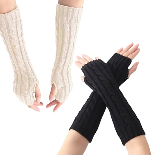 Makoto Nobu 2 Pares Calentadores de Brazos de Punto,Guantes Largos sin Dedos,Guantes Invierno Calientes de Punto de Calentadores de Brazo con Agujero Pulgar para Mujeres (negro,blanco)