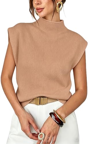 Image of Womens Sleeveless Sweater Vest Mock Neck Tank Tops Casual Cap Sleeve Knit Pullover Summer Clothes