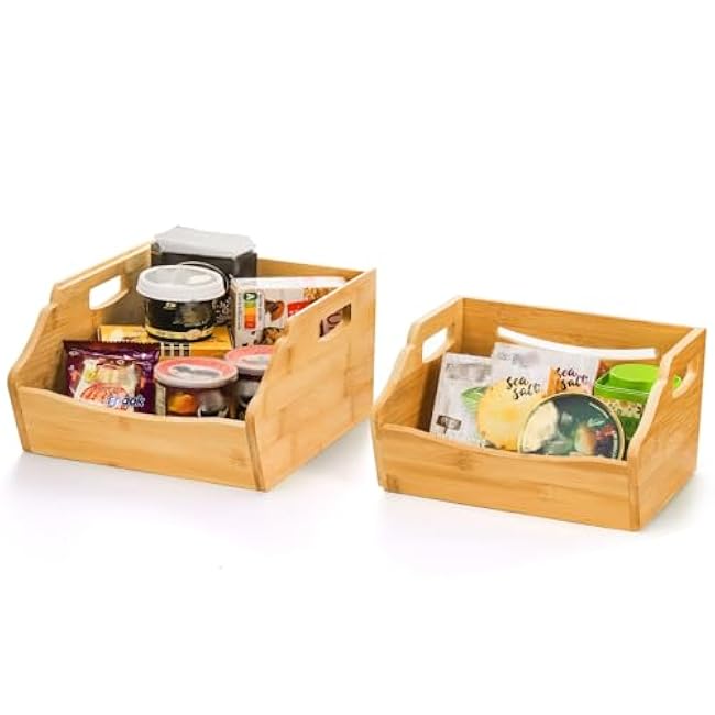 2 Pack Bamboo Stackable Storage Bin, Countertop Open Front Stacking Bins, 2 Tier Organize Basket Box with Handle, Food Fruit Container for Cabinet, Kitchen, Studio, Office