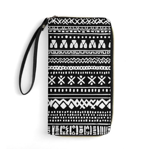 Girl's Travel Purse Fashion Design, Huge Storage Capacity Purse, Cute Decor Wallet, Long PU Zipper Wallet With Rope Traditional Ethnic African Mudcloth Pattern