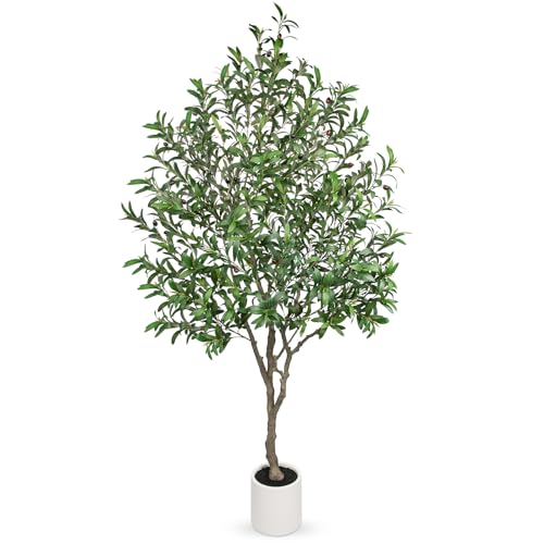 Hollyone Faux Olive Tree 7Feet Tall Fake Olive Tree 7FT with Pot Indoor Lifelike Wood Trunk and...