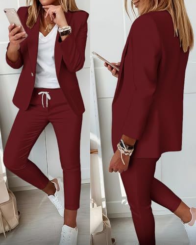 CHICME Womens Suits 2 Piece Set 2025 Notched Collar Blazer and Drawstring Pants Suits Set Casual Business Outfits2