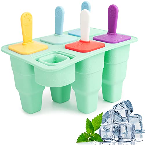 Eisformen Eis am Stiel, Faltbare Eisformen Silikon, DIY Eis am Stiel Mit Bunten StöCken, 6 Hohlraum Eis am Stiel Formen für Kinder, Erwachsen und Baby (Grün) Cover