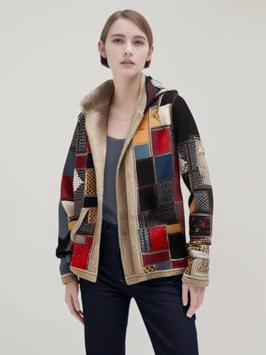 Women's Winter Ethnic Style Patchwork Sherpa Fleece Lined Hooded Jacket Plus Size Fluffy Patchwork Jackets For Women3