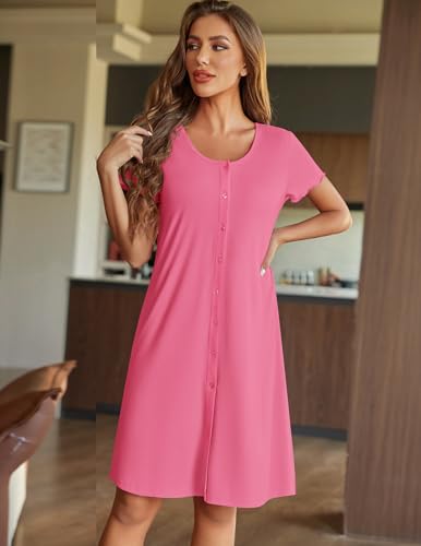 Image of Ekouaer Women's Nightshirt Short Sleeve Button Down Nightgown V-Neck Sleepwear Pajama Dress
