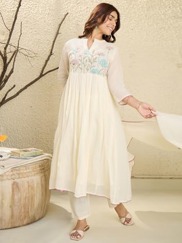 Image of INDO ERA Women's Pure Cotton Embroidered A-Line Kurta & Pant with Dupatta Set | Cotton kurta sets for women