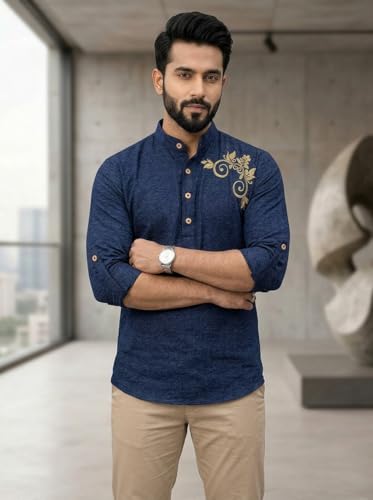 Image of DEEMOON Men's Full Sleeve Short Kurta Shirt with a Trendy Mandarin Collar Crafted from a Premium Cotton Blend for Comfort Ideal for Casual and Semi-Formal Occasions