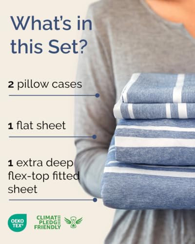 Image of Flex Top Split Head King Sheet Set - 4 Piece Extra Deep - Blue Stripes 3
